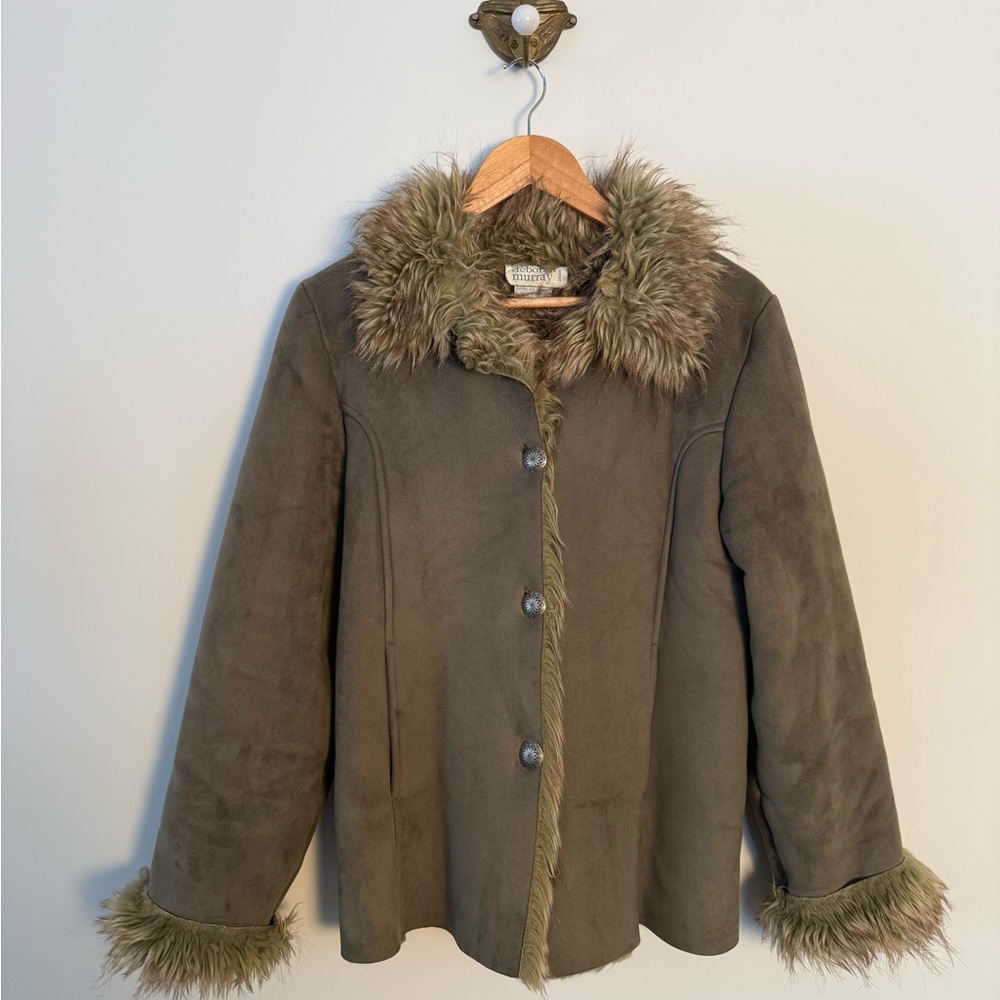 Penny Lane Inspired Olive Green Faux Fur Jacket with Embellished Metal Buttons